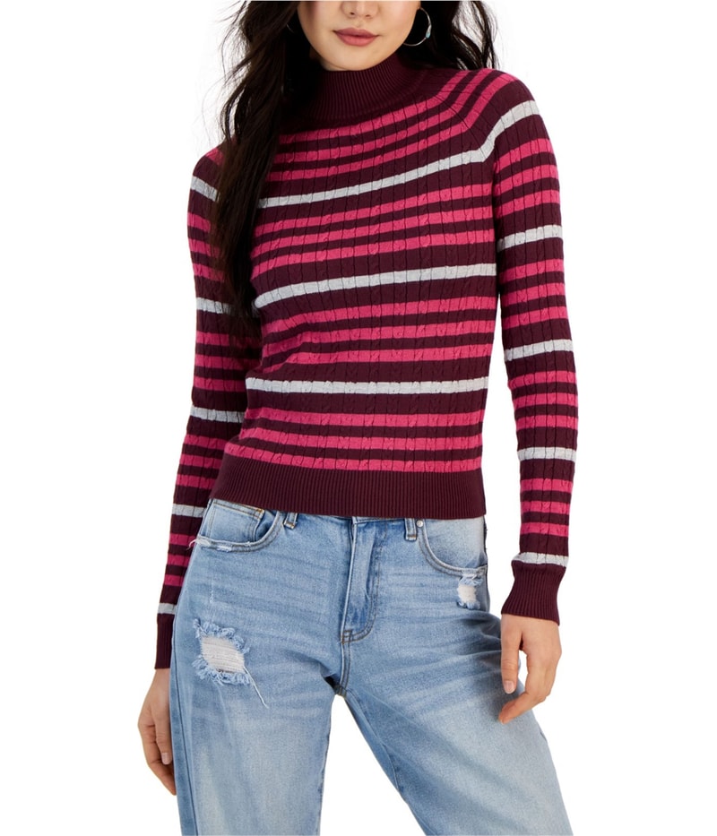 Hooked Up by IOT Womens Striped Mini-Cable Pullover Sweater