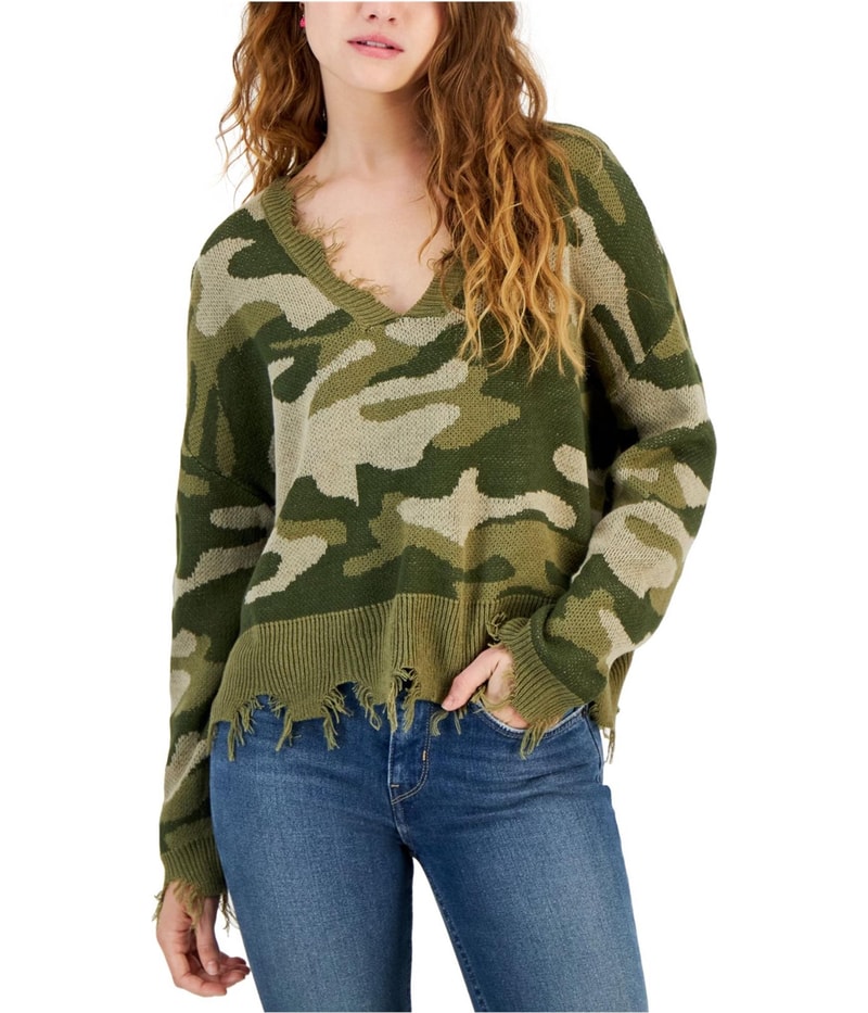 JUST POLLY Womens Frayed Edge Pullover Sweater in Green