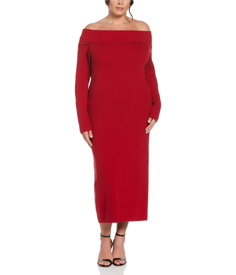 Ella Rafaella Womens Ribbed Tea Length Sweater Dress in Bright Red