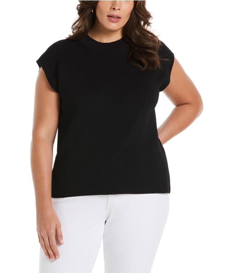 Ella Rafaella Womens Mixed Rib Mock Neck Sleeveless Pullover Sweater in Black