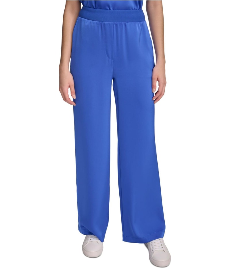 Calvin Klein Womens Waist Band Wide Leg Casual Pants in Bright Blue