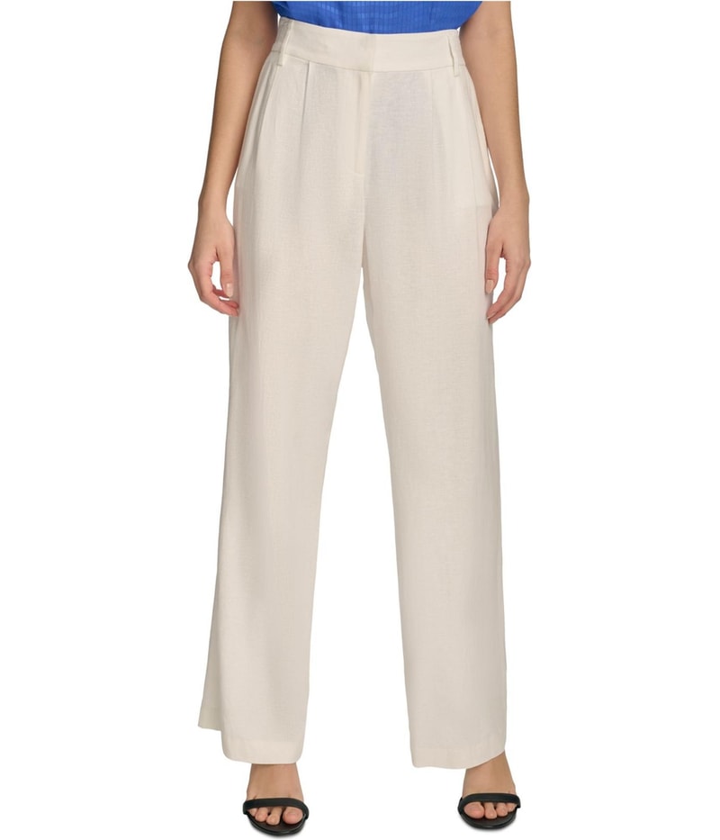 Calvin Klein Womens Linen Blend Straight Leg Casual Pants in White