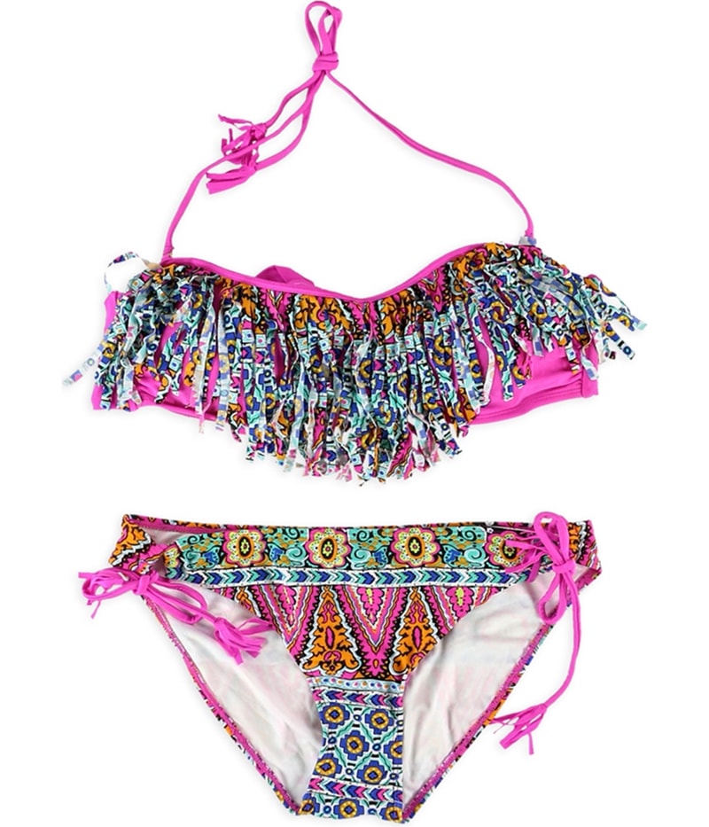 Raisins Womens Printed Fringe 2 Piece Bandeau in Pink