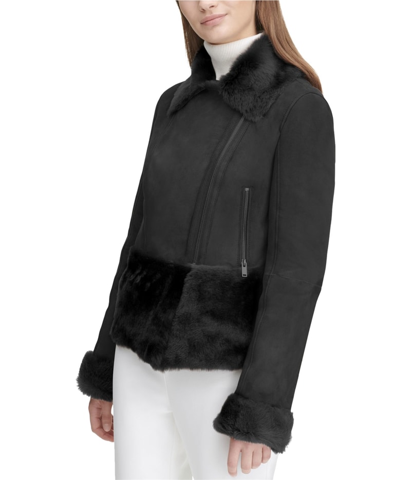 Calvin Klein Womens Shearling Motorcycle Jacket in Black