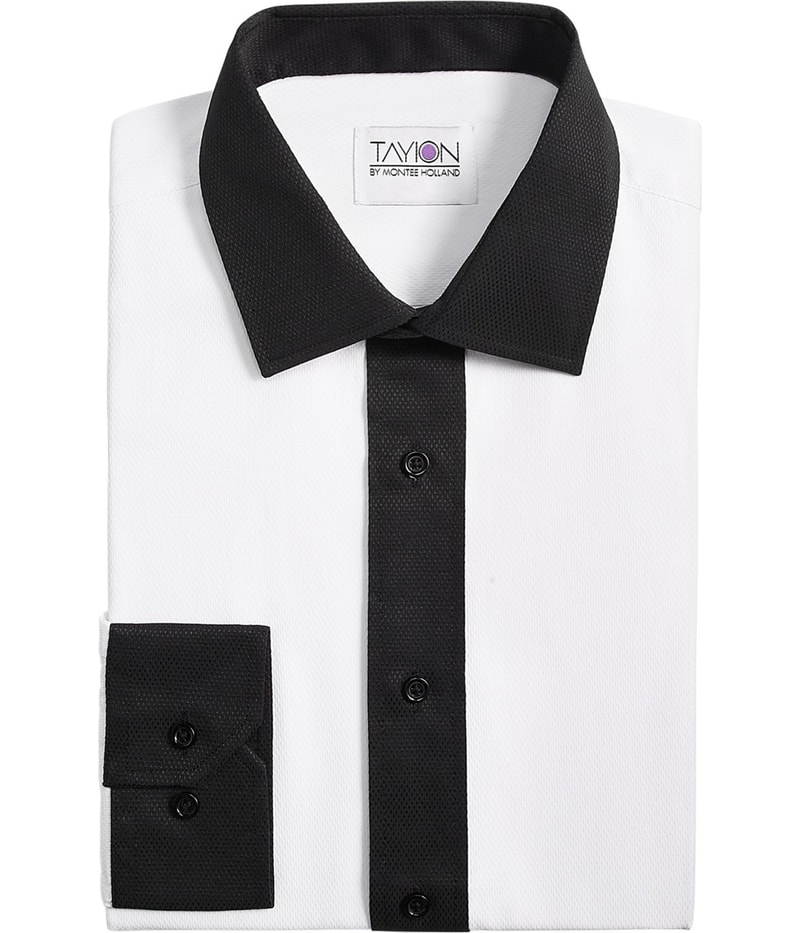 Tayion Collection Mens Black Trim Button Down Dress Shirt in White