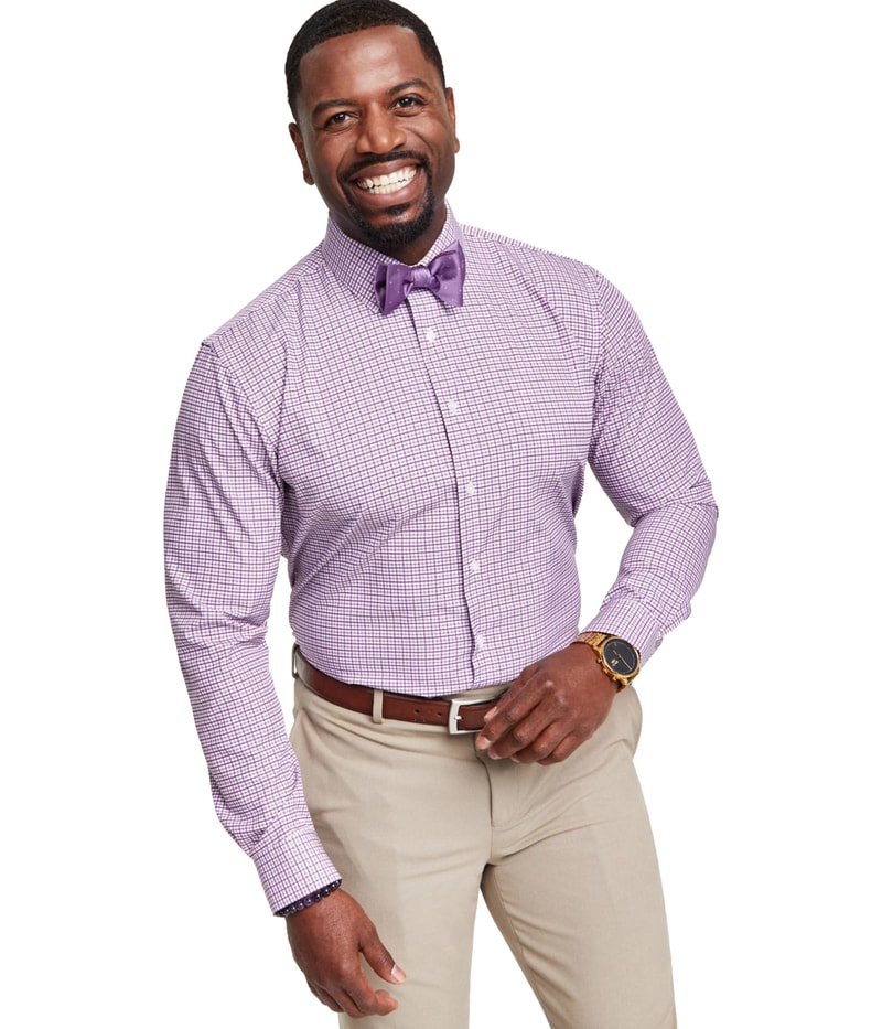 Tayion Collection Mens Slim-Fit Plaid Button Down Dress Shirt in Purple and White