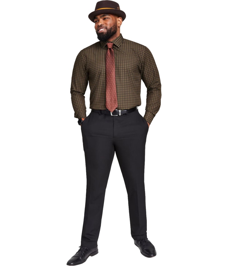 Tayion Collection Mens Gingham Easy Options Button Down Dress Shirt in Green and Brown