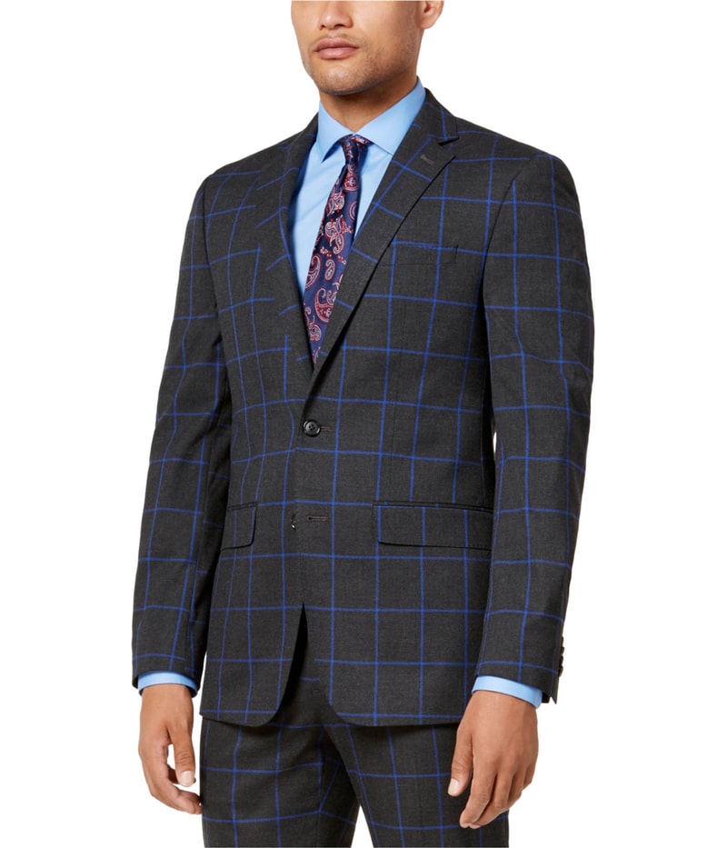 Sean John Mens Windowpane Slim Two Button Blazer Jacket in Charcoal