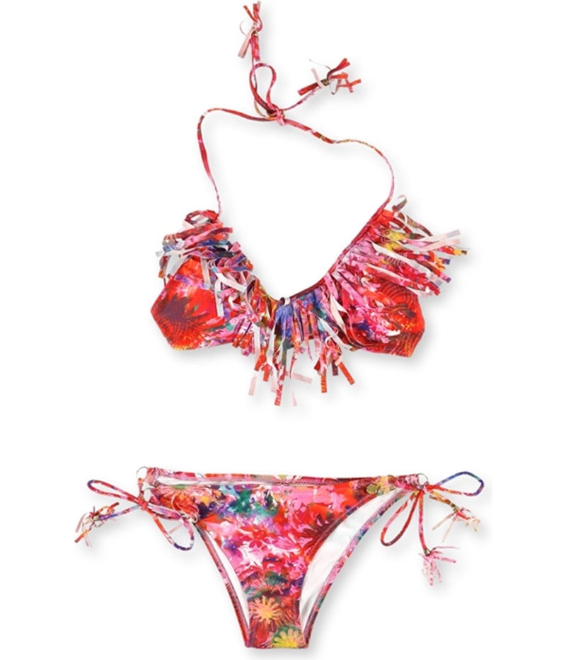 Raisins Womens Fringed Beaded Side Tie 2 Piece Bikini in Pink
