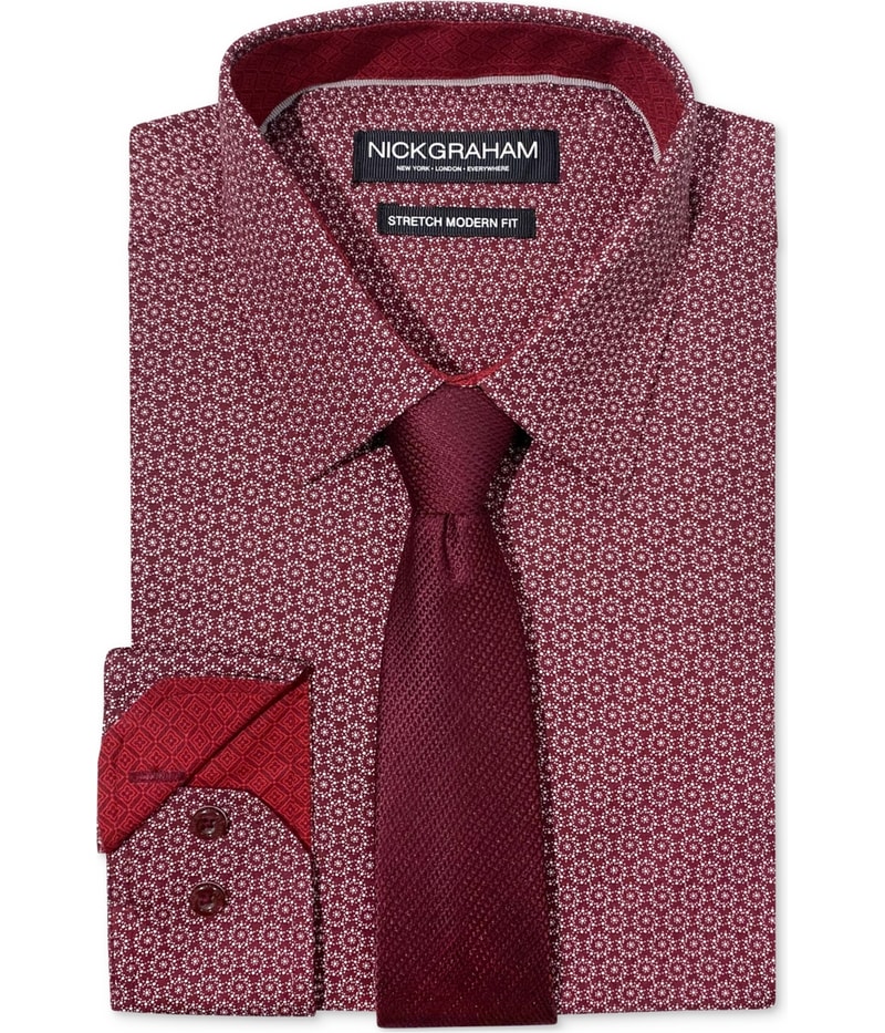 Nick Graham Mens Slim Stipple Circle Tie Set Button Down Dress Shirt in Dark Red