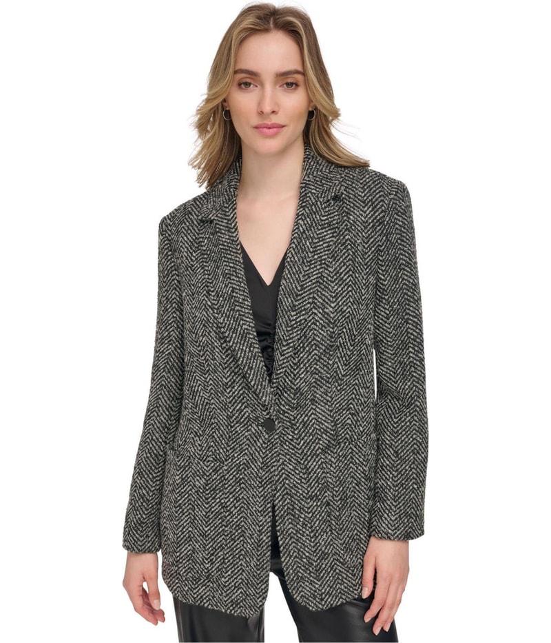 Calvin Klein Womens Boucle One Button Blazer Jacket in White and Black