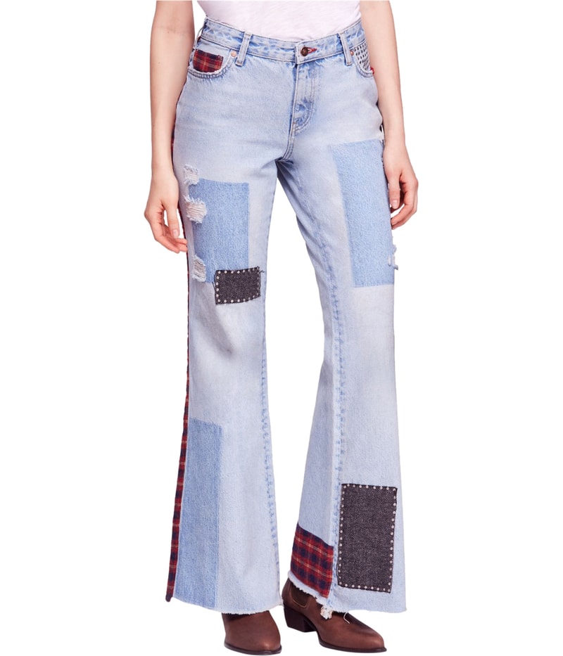 Free People Womens Mixed Patch Wide Leg Regular Jeans in Blue