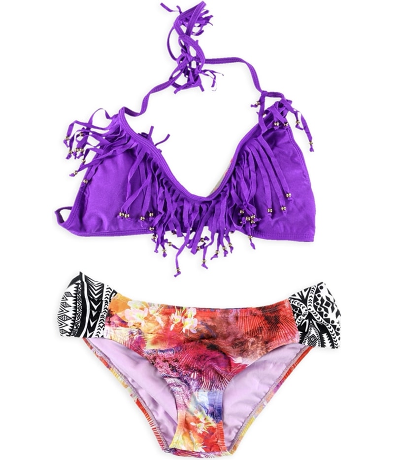 Raisins Womens Beaded Fringe Side Tab 2 Piece Bikini in Purple