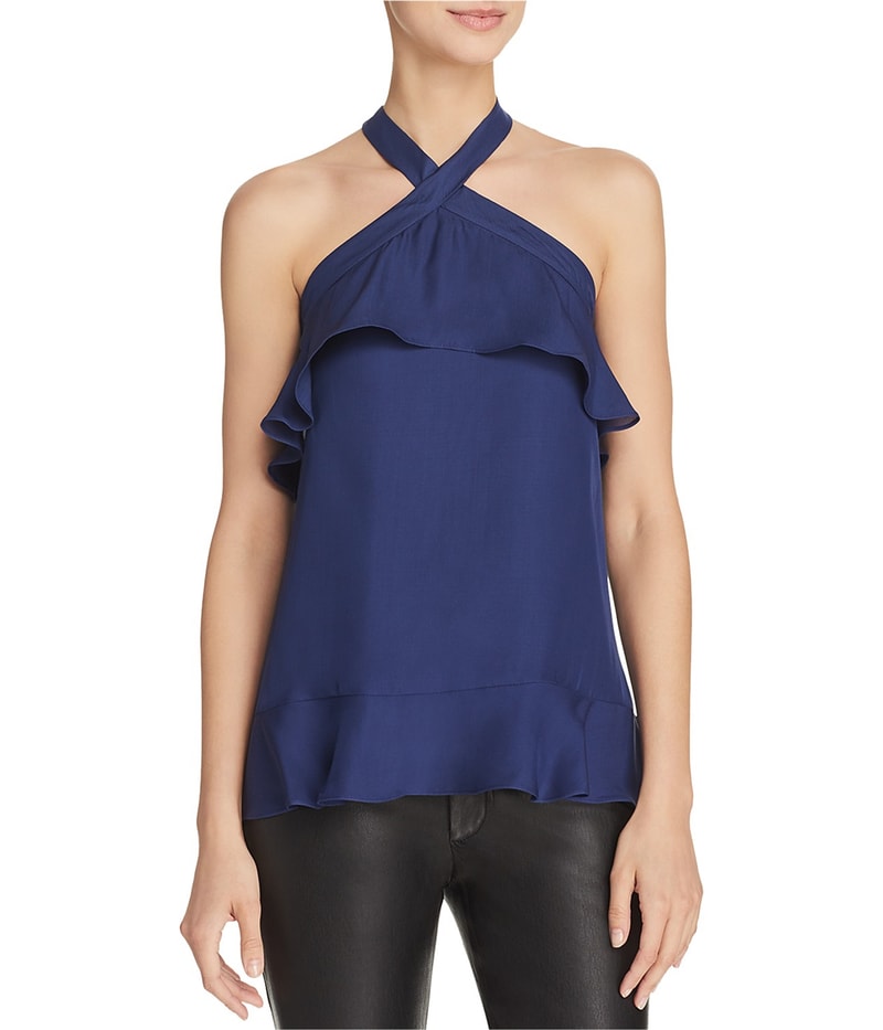 Parker Womens Nashley Ruffle Halter Top Shirt in Navy