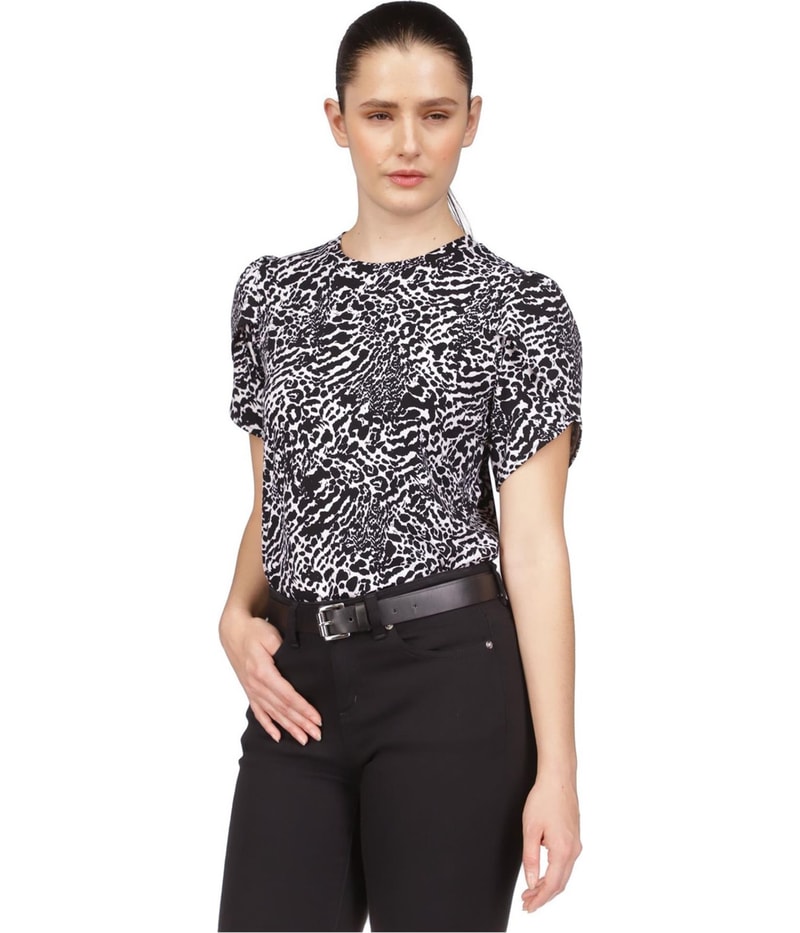 Michael Kors Womens Animal Print Stretch Petal Sleeve Knit Blouse