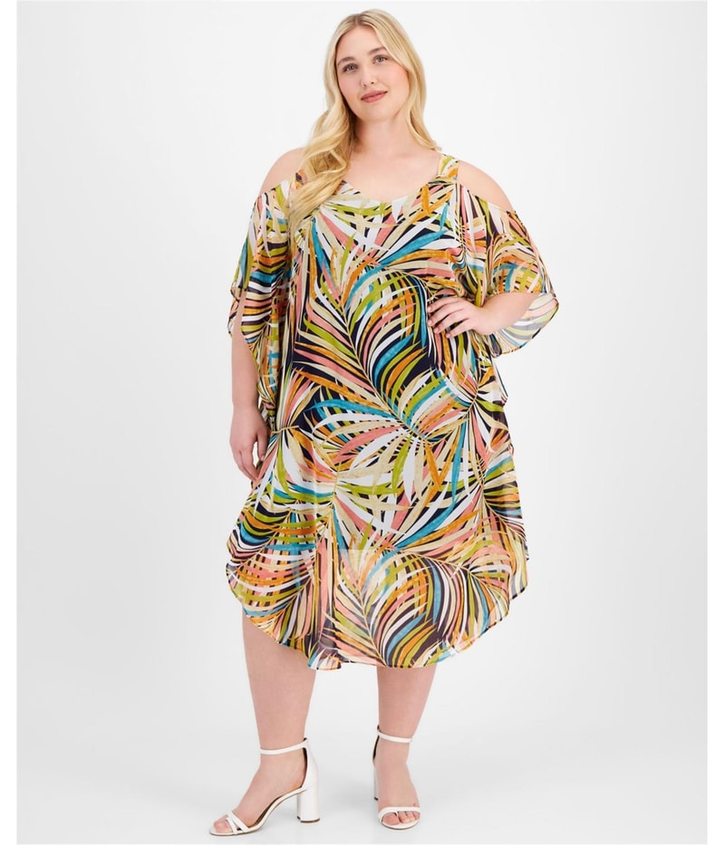 Signature by Robbie Bee Womens A-Line Tropical Off-Shoulder Dress
