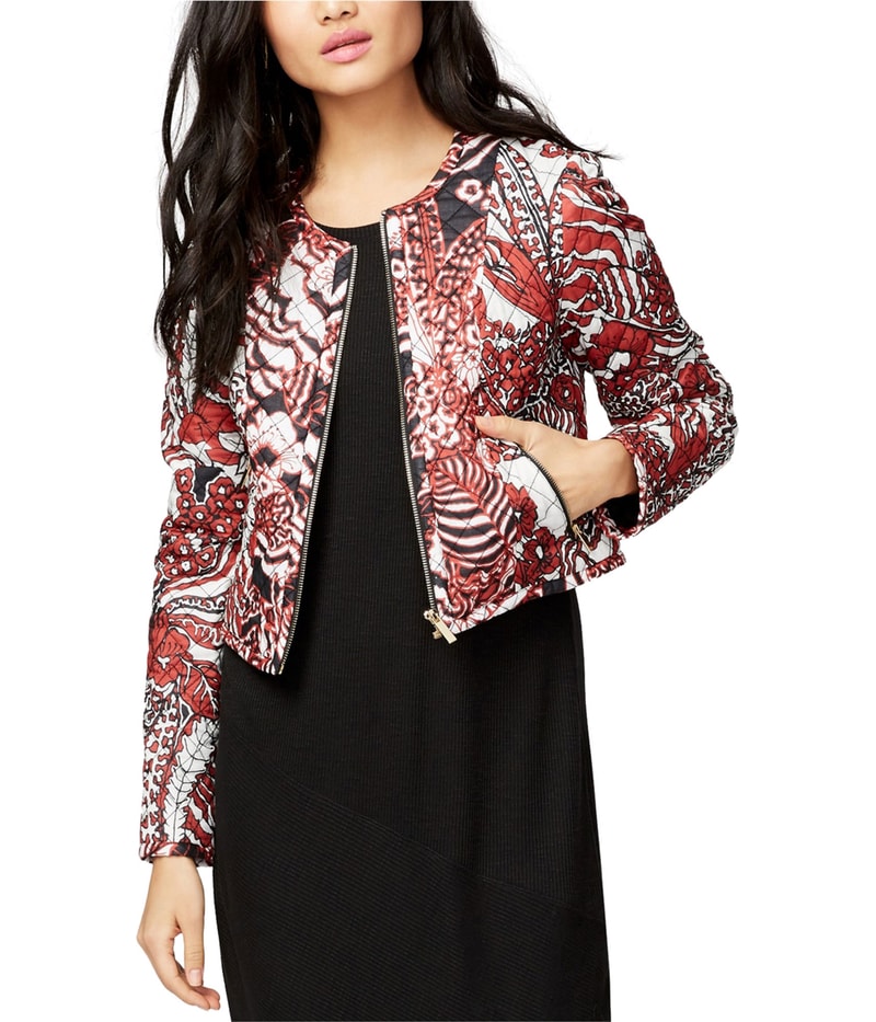 Rachel Roy Womens Printed Quilted Cropped Jacket in White
