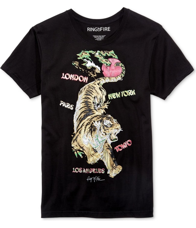 Ring Of Fire Mens World Tiger Graphic T-Shirt in Black