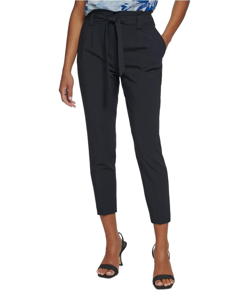 Calvin Klein Womens Tie Waist Straight Leg Dress Pants in Navy