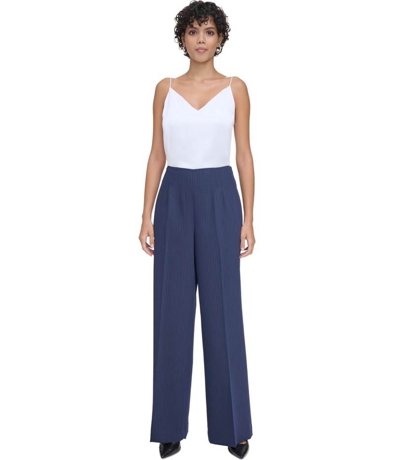 Calvin Klein Womens High Rise Pin Stripe Straight Leg Casual Pants in Navy