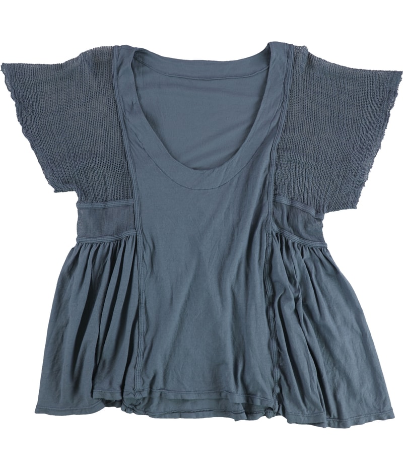 Seneca Rising Womens Mesh Sleeve Scoop Neck Embellished T-Shirt in Blue
