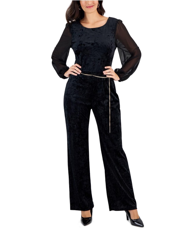 Connected Apparel Womens Chain Belt Pintuck Jumpsuit in Black