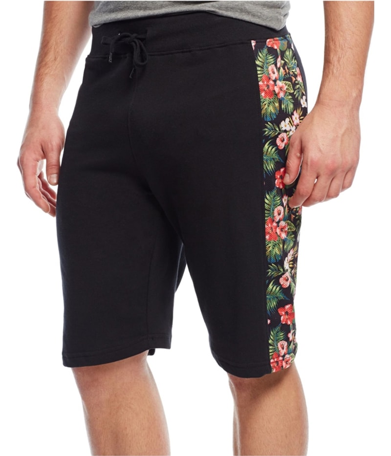 Univibe Mens Floral Mesh panel Athletic Sweat Shorts in Black