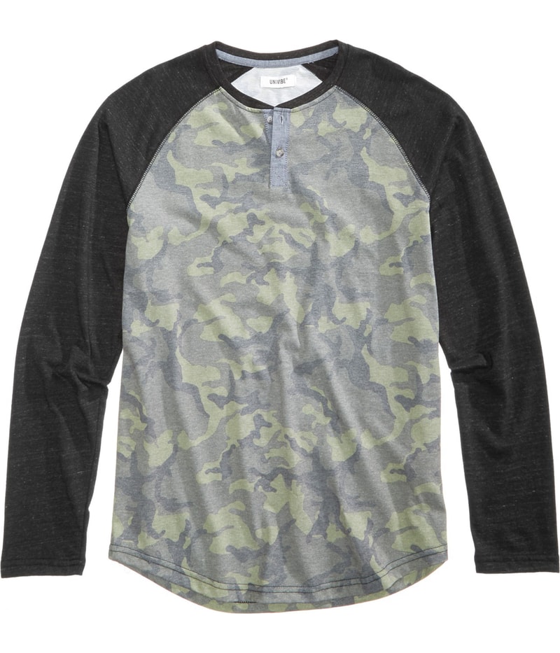 Univibe Mens Pattern-Blocked Henley Shirt in Black