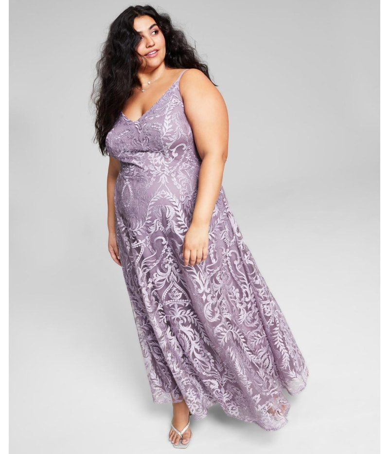 Speechless Womens Metallic Embroidered Evening Gown Dress in Lavender
