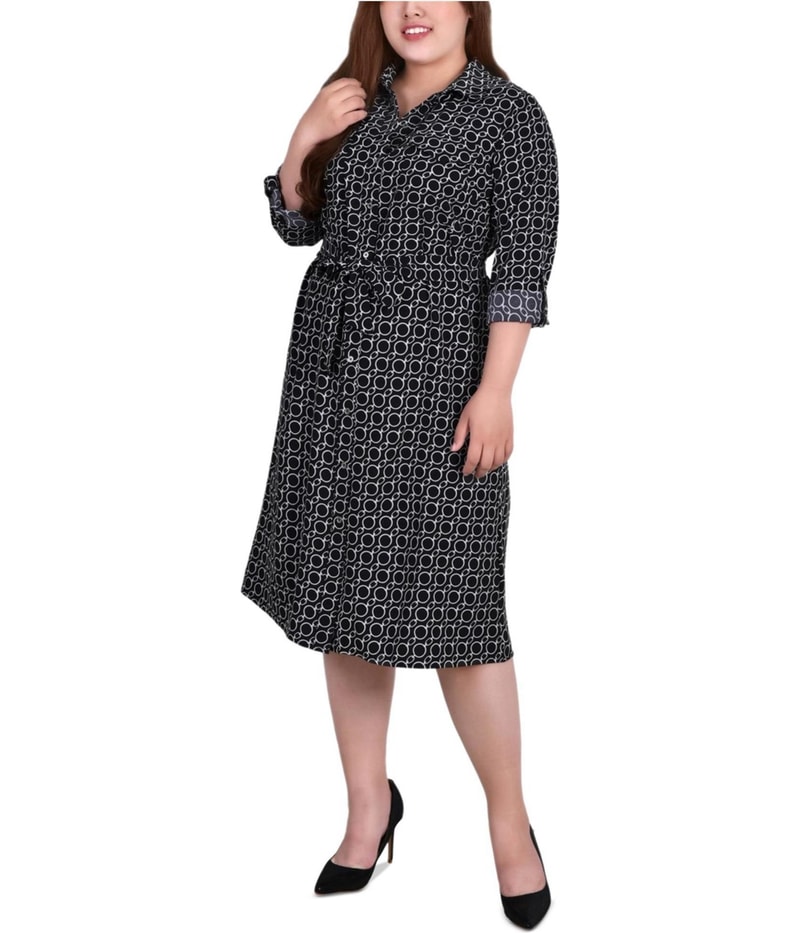 NY Collection Womens Collared Shirt Dress in Black