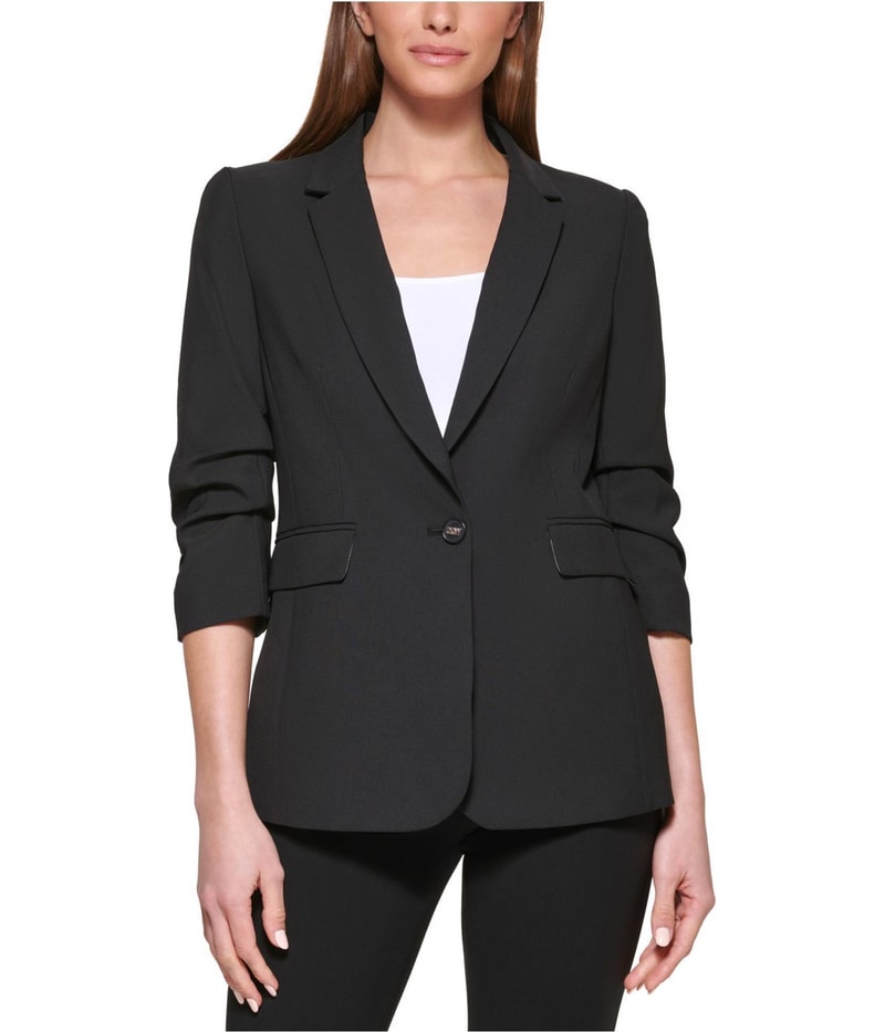 DKNY Womens Madison Rayon Cinched Sleeve One Button Blazer Jacket in Black