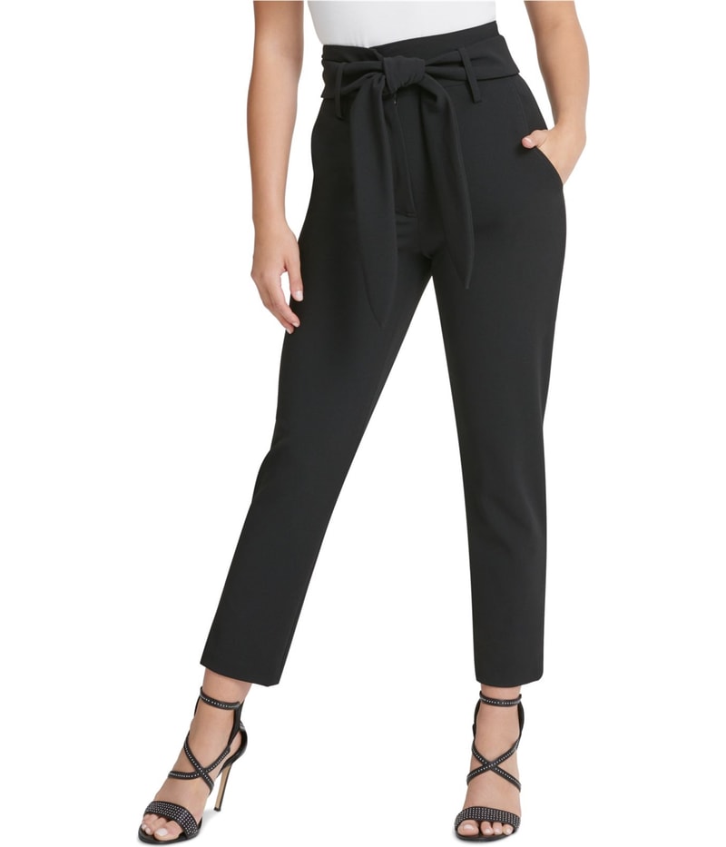 DKNY Womens Cropped, Belted Straight Leg Cropped Dress Pants in Black