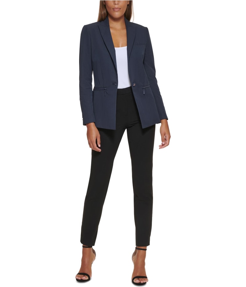 DKNY Womens Zipper Pocket One Button Blazer Jacket in Navy