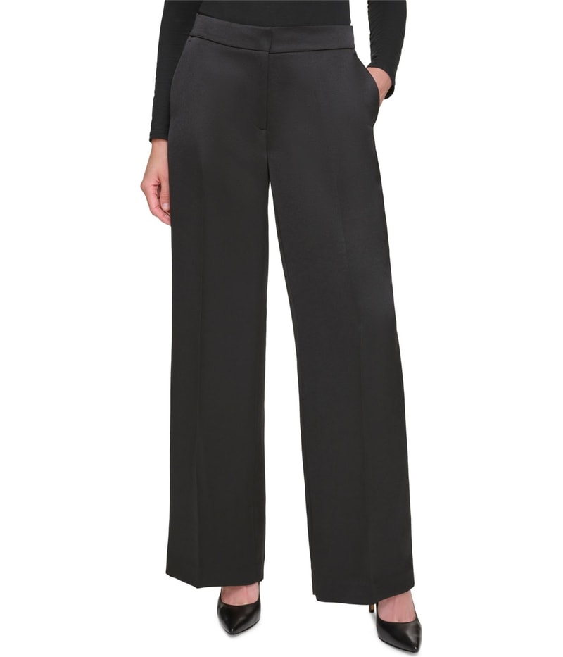 DKNY Womens Satin Wide Leg Loose Dress Pants in Black